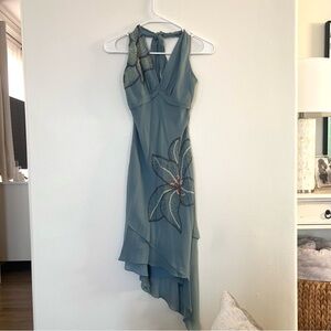 BCBG MAXAZIRA  asymmetrical blue dress with floral detailing